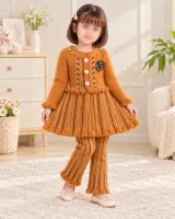 Girls’ Caramel Brown Knitted 2 Piece Winter Outfit with Striped Dress and Pants photo 1