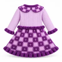 Girls’ Purple and Lilac Knitted 2 Piece Winter Outfit with Checkered Skirt and Pearl Details photo 5