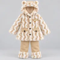 Girls’ Beige and Cream Plush Hooded 2 Piece Winter Outfit with Matching Pants photo 3
