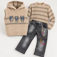 Boys’ 3 Piece Winter Outfit with Hooded Knit Vest, Sweater and Graphic Jeans photo 2