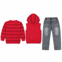 Kids’ Red FUN 3-Piece Winter Set – Hooded Vest, Sweater & Grey Jeans photo 3
