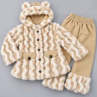 Girls’ Beige and Cream Plush Hooded 2 Piece Winter Outfit with Matching Pants photo 5