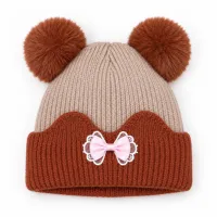 Kids’ Beige and Rust Brown Double Pom Pom Bow Hat photo 4