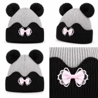 Kids’ Light Grey and Black Double Pom Pom Bow Hat photo 6