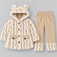 Girls’ Beige and Cream Plush Hooded 2 Piece Winter Outfit with Matching Pants photo 2