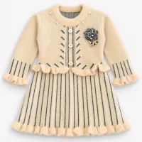 Girls’ Cream Knitted 2 Piece Winter Outfit with Black Stripes, Pearl Details and Pants photo 3