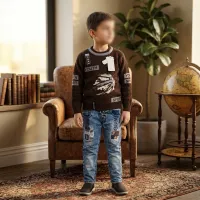 Boys’ 2 Piece Sporty Graphic Outfit Set with Basketball Sweater and Washed Denim Jeans photo 1