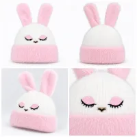 Soft Rabbit Wool Bunny Ear Beanie Baby Pink and White photo 6