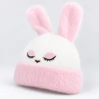 Soft Rabbit Wool Bunny Ear Beanie Baby Pink and White photo 4