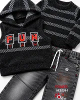 Boys’ 3 Piece Winter Outfit with Hooded Knit Vest, Sweater and Graphic Jeans photo 3
