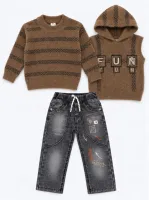 Boys’ 3 Piece Cozy Winter Outfit Set with Striped Sweater, FUN Hooded Vest and Graphic Jeans photo 3