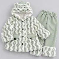 Girls’ Mint Green and White Plush Hooded 2 Piece Winter Outfit with Matching Pants photo 3
