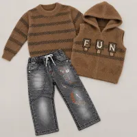 Boys’ 3 Piece Cozy Winter Outfit Set with Striped Sweater, FUN Hooded Vest and Graphic Jeans photo 2