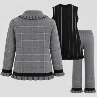 Girls’ Grey and Black Knitted 3 Piece Winter Outfit with Plaid Jacket, Tunic and Pants photo 4
