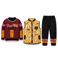 Boys’ 3 Piece Graphic Outfit Set with Burgundy SMILE Top, Yellow Zip Up Vest and Black Jogger Pants photo 2