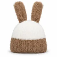 Soft Rabbit Wool Bunny Ear Beanie White and Camel Brown photo 4