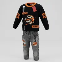 Boys’ 2 Piece Sporty Graphic Outfit Set with Basketball Sweater and Washed Denim Jeans photo 3