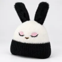 Soft Rabbit Wool Bunny Ear Beanie Black and White photo 5