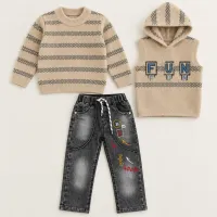 Boys’ 3 Piece Winter Outfit with Hooded Knit Vest, Sweater and Graphic Jeans photo 6