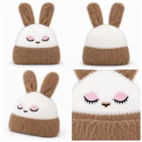 Soft Rabbit Wool Bunny Ear Beanie White and Camel Brown photo 6