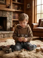 Boys’ 3 Piece Cozy Winter Outfit Set with Striped Sweater, FUN Hooded Vest and Graphic Jeans photo 1