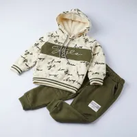 Boys’ 2 Piece Graphic Hoodie and Pants Set with Fleece Lined Style Sweatshirt and Olive Green Pants photo 5