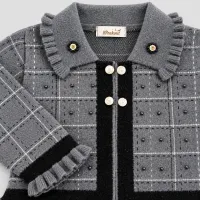 Girls’ Grey and Black Knitted 3 Piece Winter Outfit with Plaid Jacket, Tunic and Pants photo 5