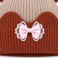 Kids’ Beige and Rust Brown Double Pom Pom Bow Hat photo 5