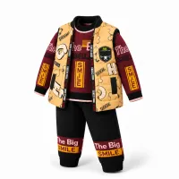 Boys’ 3 Piece Graphic Outfit Set with Burgundy SMILE Top, Yellow Zip Up Vest and Black Jogger Pants photo 4