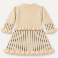 Girls’ Cream Knitted 2 Piece Winter Outfit with Black Stripes, Pearl Details and Pants photo 4
