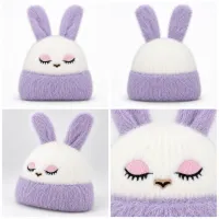 Soft Rabbit Wool Bunny Ear Beanie White and Lavender photo 6
