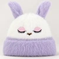 Soft Rabbit Wool Bunny Ear Beanie White and Lavender photo 5
