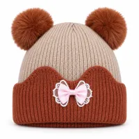 Kids’ Beige and Rust Brown Double Pom Pom Bow Hat photo 2