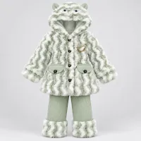 Girls’ Mint Green and White Plush Hooded 2 Piece Winter Outfit with Matching Pants photo 5
