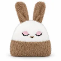 Soft Rabbit Wool Bunny Ear Beanie White and Camel Brown photo 2