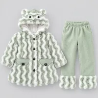 Girls’ Mint Green and White Plush Hooded 2 Piece Winter Outfit with Matching Pants photo 2