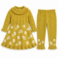 Girls Mustard Floral 2 Piece Knit Winter Set with Ruffle Dress and Matching Trousers photo 2