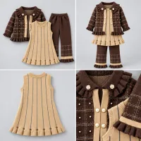 Girls’ Brown and Beige Knitted 3 Piece Winter Outfit with Plaid Jacket, Tunic and Pants photo 3