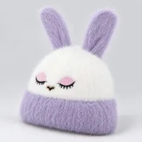 Soft Rabbit Wool Bunny Ear Beanie White and Lavender photo 3