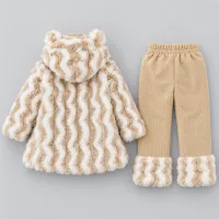 Girls’ Beige and Cream Plush Hooded 2 Piece Winter Outfit with Matching Pants photo 4