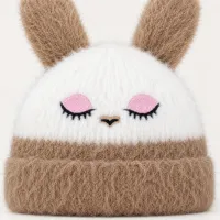 Soft Rabbit Wool Bunny Ear Beanie White and Camel Brown photo 3