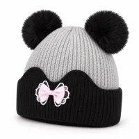 Kids’ Light Grey and Black Double Pom Pom Bow Hat photo 3