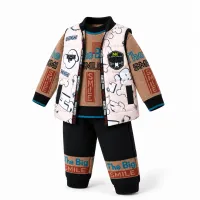 Boys’ 2 Piece Graphic Outfit Set with Tan SMILE Sweater and Patterned Zip Up Vest photo 7