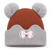 Kids’ Rust Brown and Light Grey Double Pom Pom Bow Hat photo 2