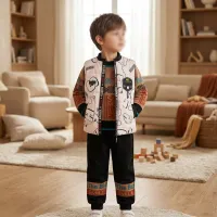 Boys’ 2 Piece Graphic Outfit Set with Tan SMILE Sweater and Patterned Zip Up Vest photo 1