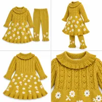 Girls Mustard Floral 2 Piece Knit Winter Set with Ruffle Dress and Matching Trousers photo 6