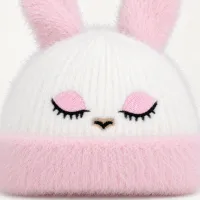 Soft Rabbit Wool Bunny Ear Beanie Baby Pink and White photo 5