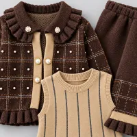 Girls’ Brown and Beige Knitted 3 Piece Winter Outfit with Plaid Jacket, Tunic and Pants photo 4