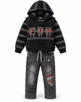 Boys’ 3 Piece Winter Outfit with Hooded Knit Vest, Sweater and Graphic Jeans photo 7