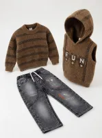 Boys’ 3 Piece Cozy Winter Outfit Set with Striped Sweater, FUN Hooded Vest and Graphic Jeans photo 4
